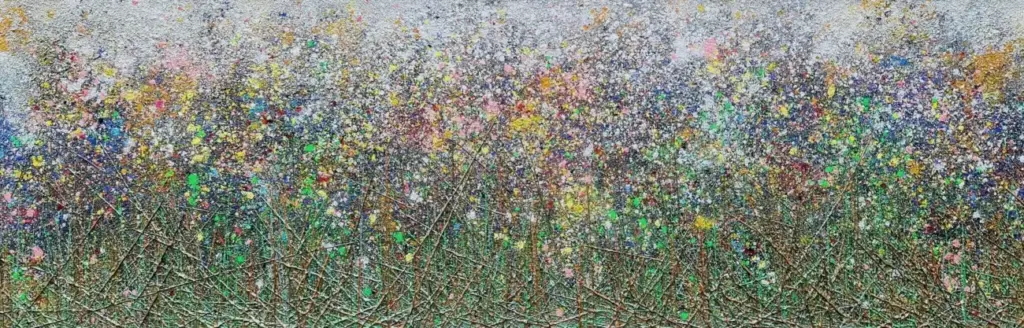 „Holy Ground“ 150 x 150 cm, Acryl, Leuchtpigmente, Interferenzfarben, Black 3.0 auf Leinwand“